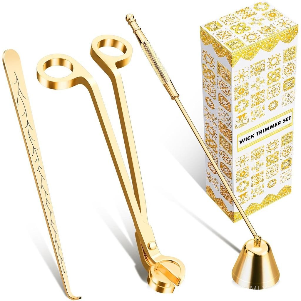 calary Candle Wick Trimmer, Candle Snuffer and Wick Dipper & Candle Accessory Set, 3 in 1 Candle Care Kit for Candle Lover (Gold)