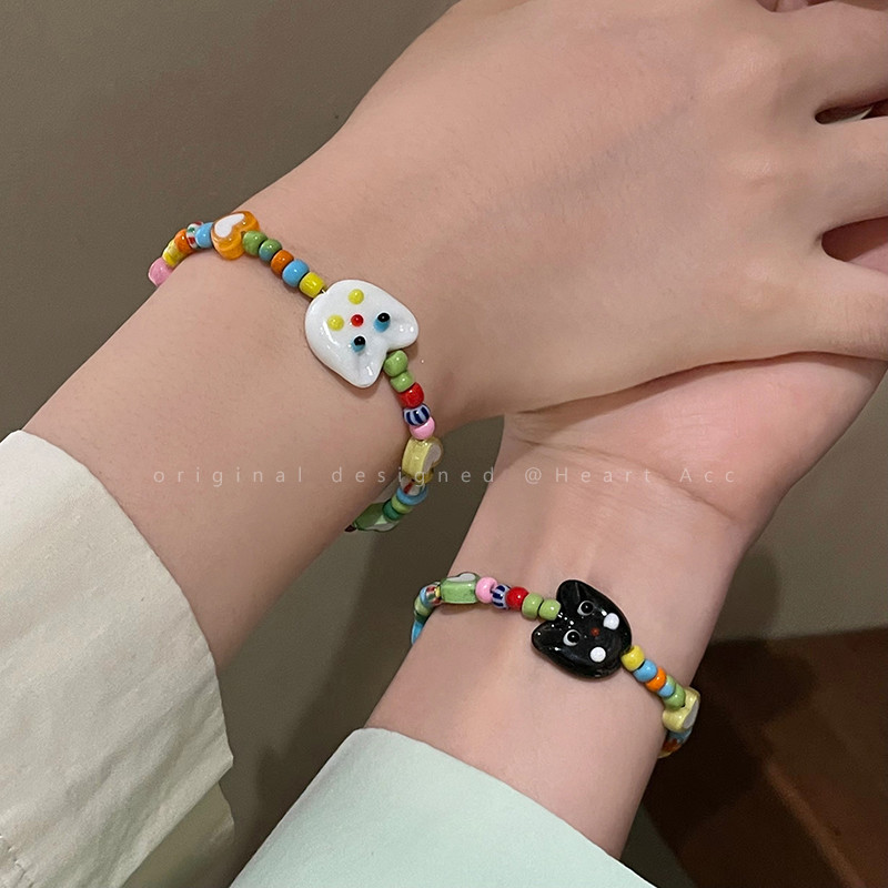 Qixi Gift~Cartoon Cute Cat Love Heart Beaded Bracelet Female Niche Design All-Match Girlfriends Couple Bracelet