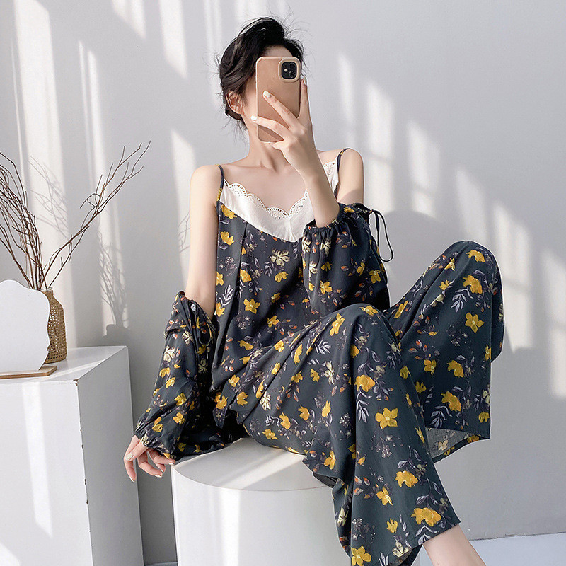 New Cotton Silk-Feeled Sling Nightgown with Cartoon Prints - Long Sleeves for Home Wear