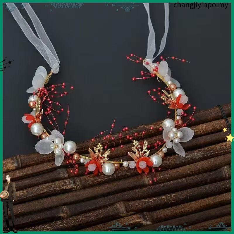 Women Pearl Flower Garland Headband Ribbon Crown Bride Girls Wedding Headdress Ikat Kepala 花环发箍