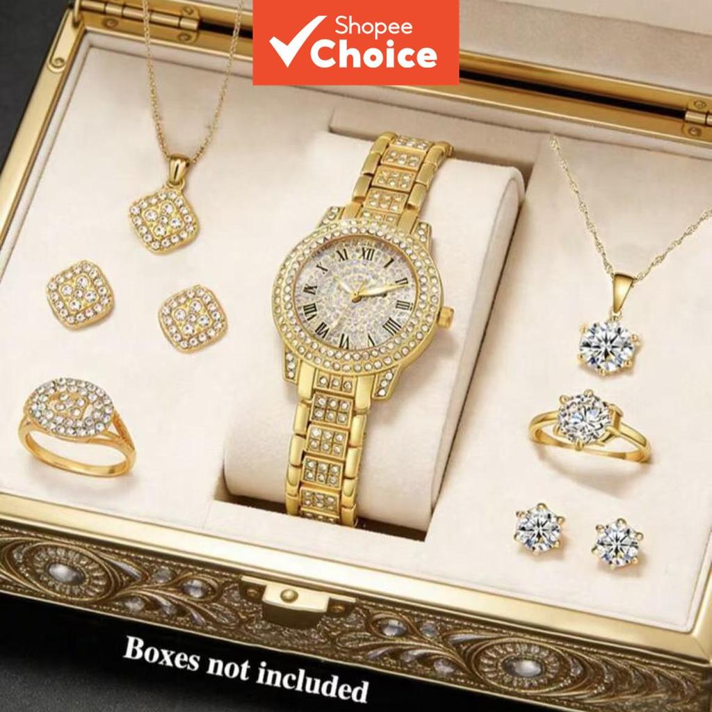 Glamorous 8pcs Gold Cz Crystal Women's Watch & Jewelry Set with Necklace Earrings for Ring Bracelet for Daily & Special Occasions