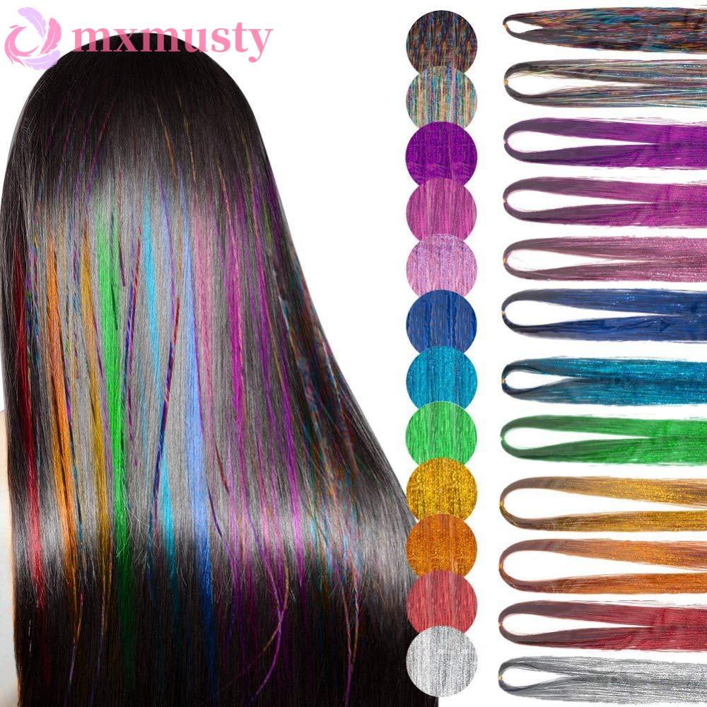 MXMUSTY Rainbow Silk Hair Extensions Pink High quality Silver Colorful Hair Extensions Synthetic Highlights Fluffy Decor Glitter Strips Braiding Headdress