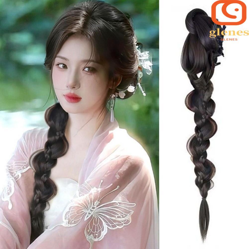 GLENES Chinese Style Wig Braid Ponytail, Synthetic Antique Side Low Tied Ponytail, Elegant Headdress Hairpiece Fluffy Butterfly Twist Braid Wig Female