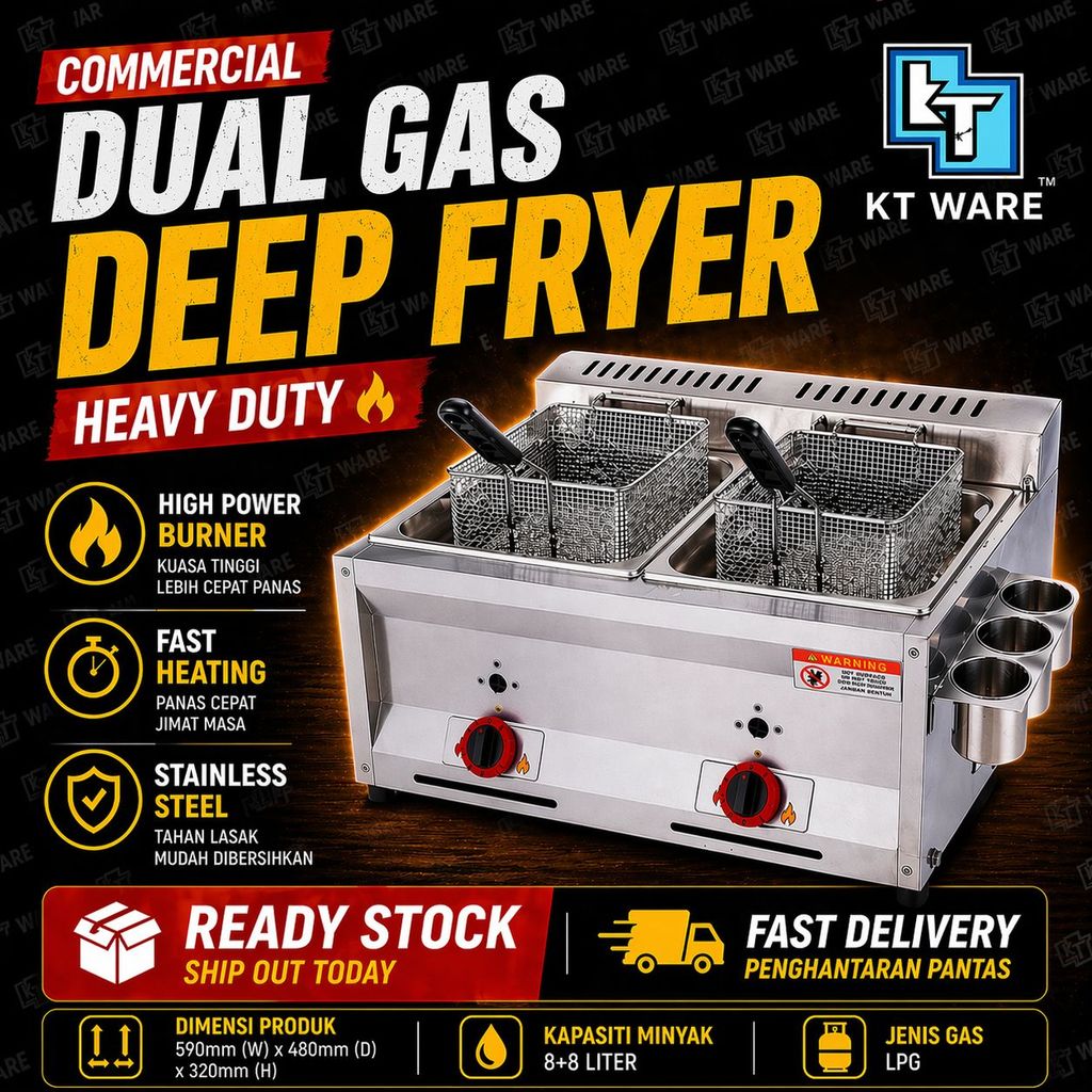 KT WARE 2x8L Double Tank Gas Comercial Deep Fryer. Dapur goreng gas for Fried Chicken Tempura, Nuggets and Ayam Goreng