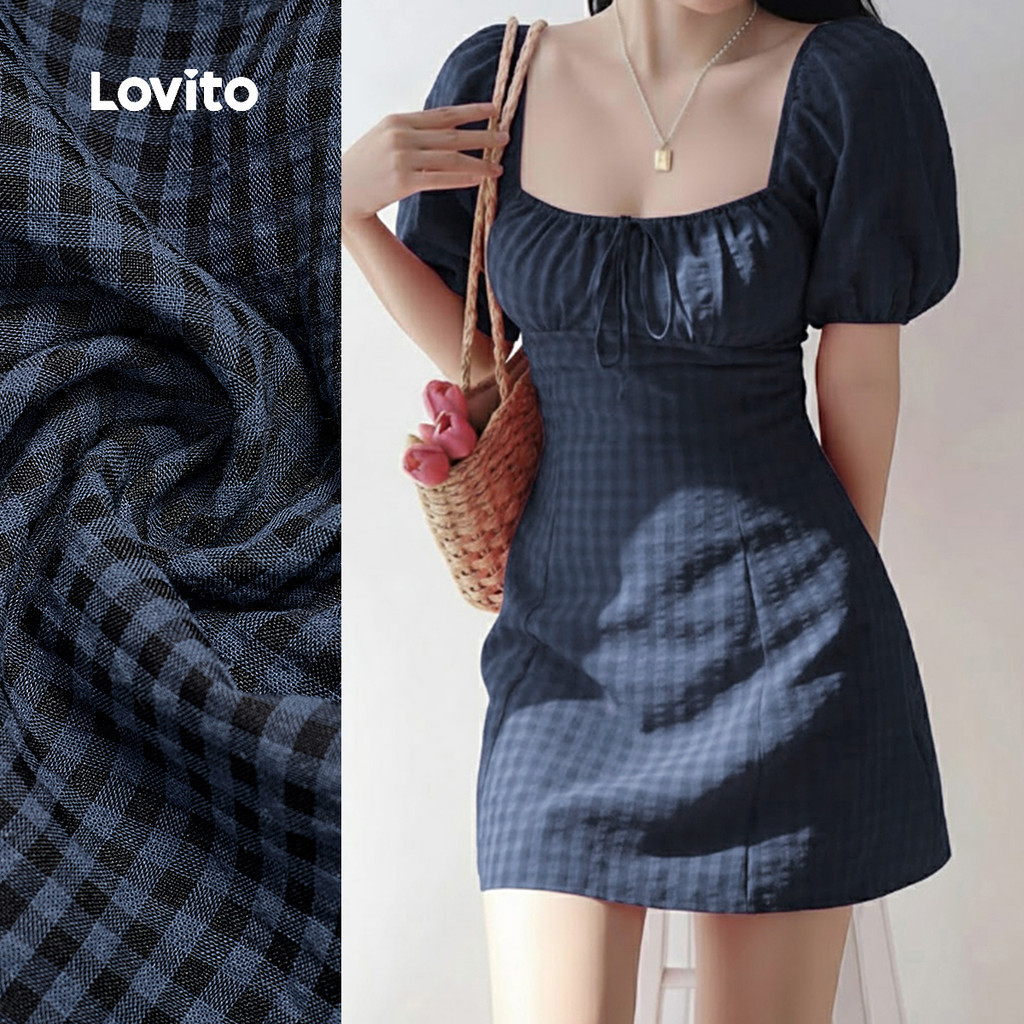Lovito Casual Dress Commute Leisure Jacquard Spring/summer Blue Dress for Women L164ED070 Lovito Pakaian Kasual Perjalanan Santai Jacquard Musim Bunga/musim Panas Gaun Biru Untuk Wanita L164ED070