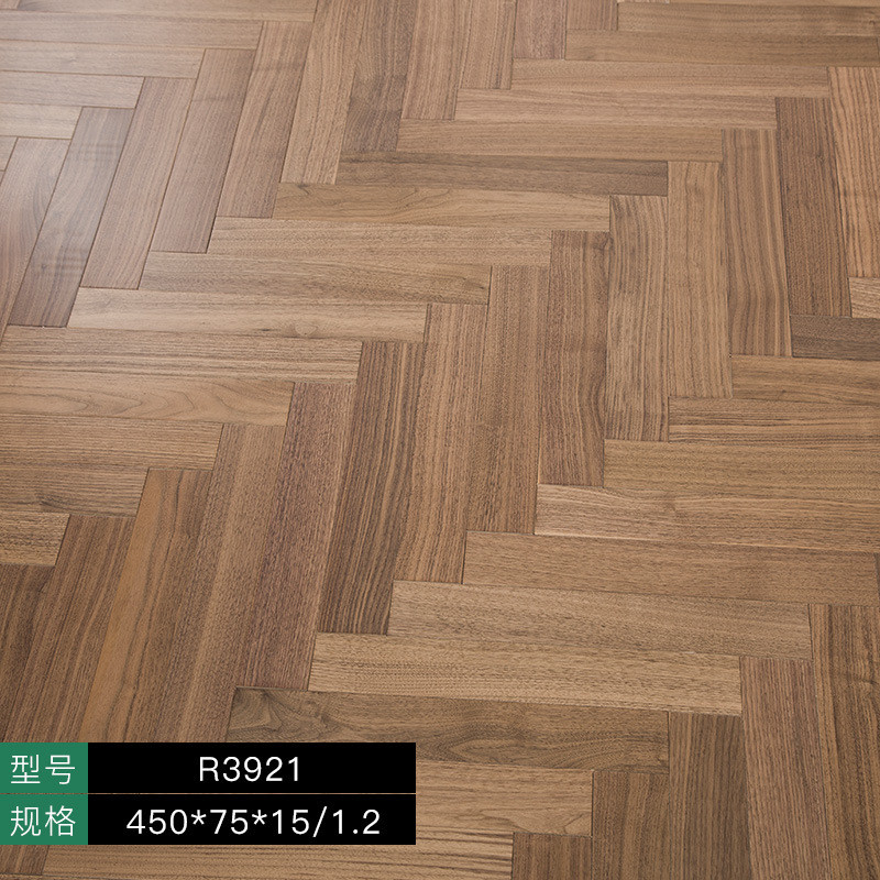 Lantai komposit kayu padu berlapis-lapis dengan corak tulang ikan yang diperbuat daripada kayu elm, kayu rosewood, kayu hitam, kayu jati, kayu rosewood Asia, dan kayu walnut hitam.