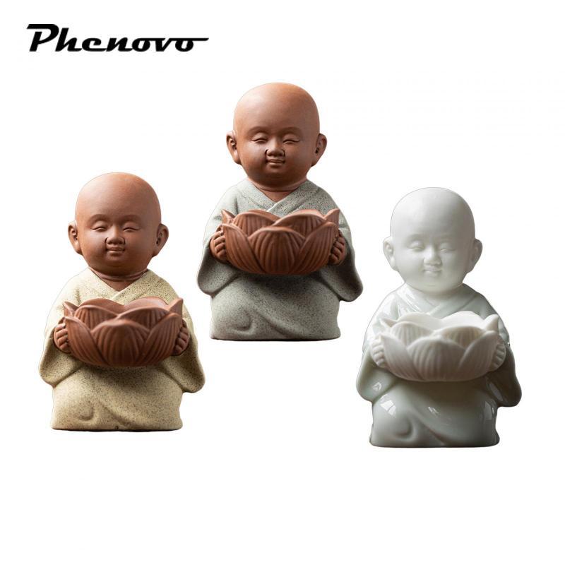 phenovo Little Monk Figurine Ceramic Tea Light Candle Holder Handcrafted Adorable 3.8x3x4.8inch Votive Candle Holder for Indoor Outdoor