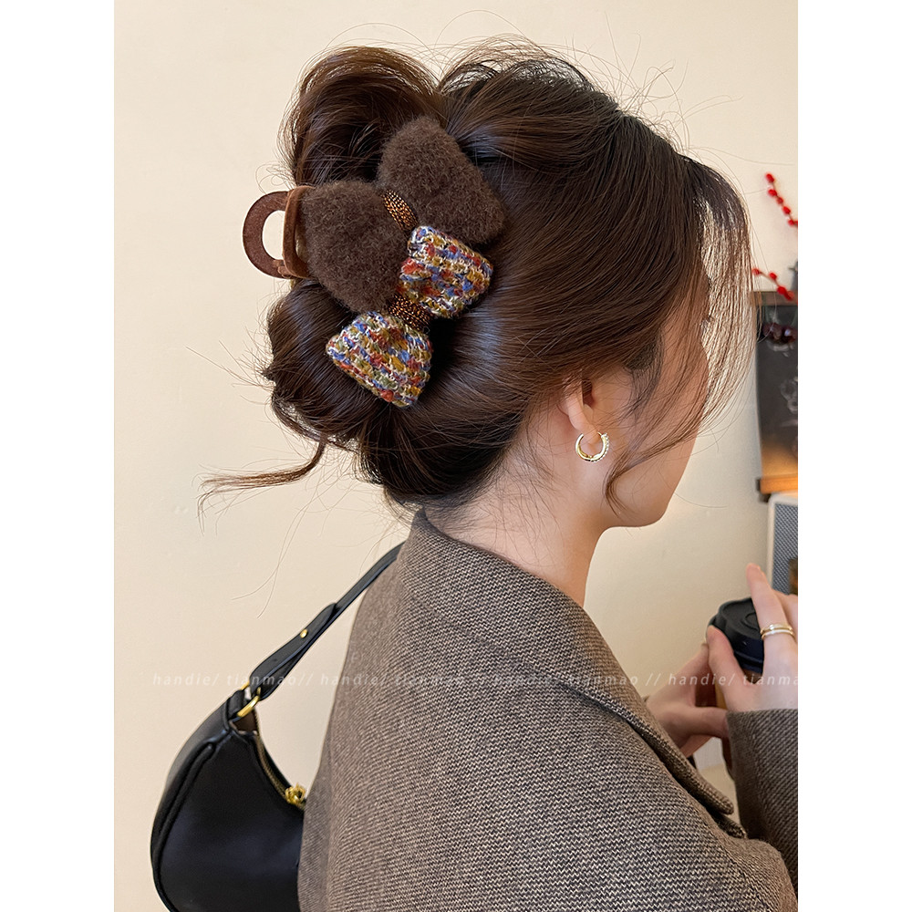 Merad High-End Feeling Plush Bow Grab Clip Spring Summer 2026 New Style Back Head Plate Hair Clip Shark Clip Hair Accessories