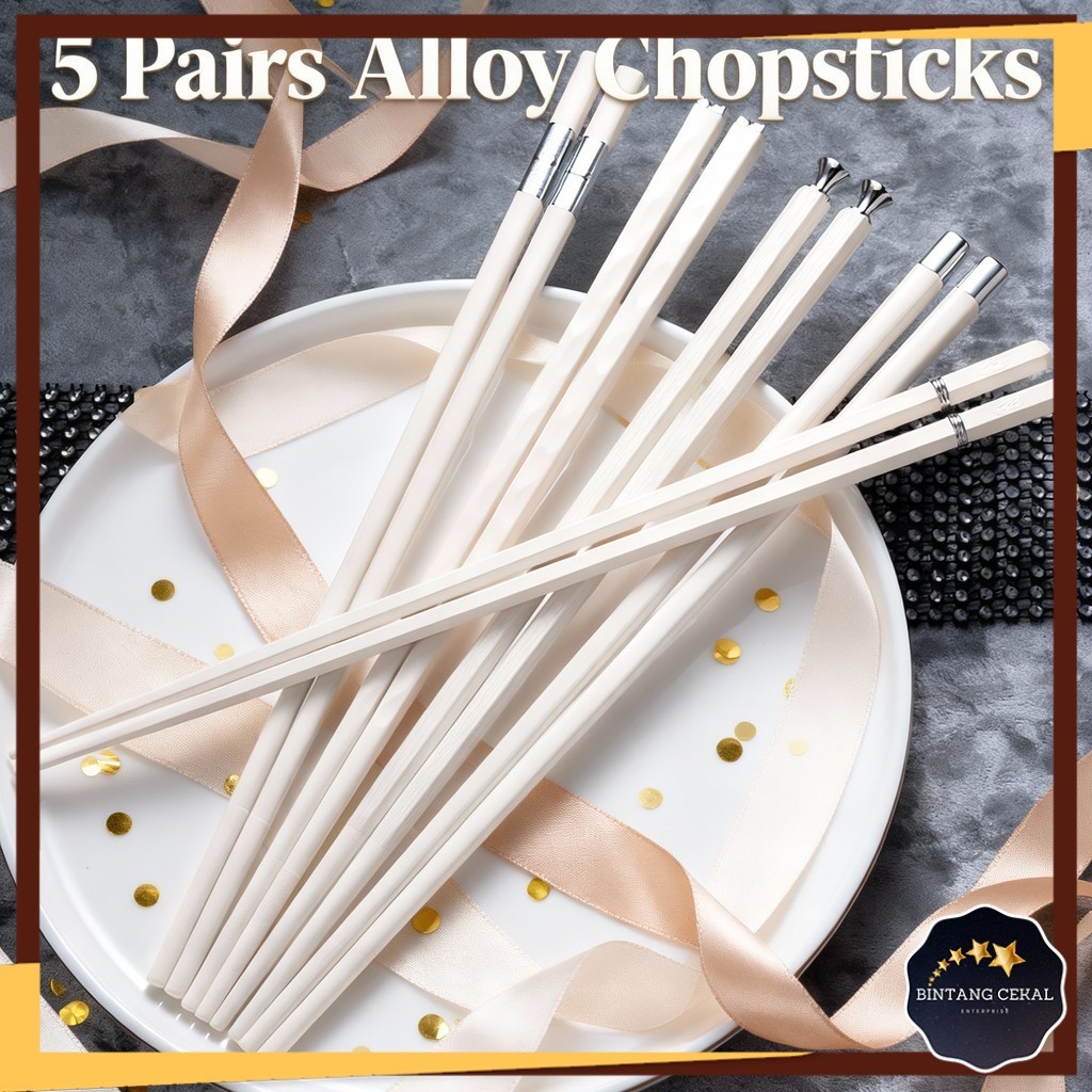 (Luxury Emas) 5 Pairs Alloy Chopsticks set perak emas reka unik jimat cun dapur rumah penang  餐具金款 BC