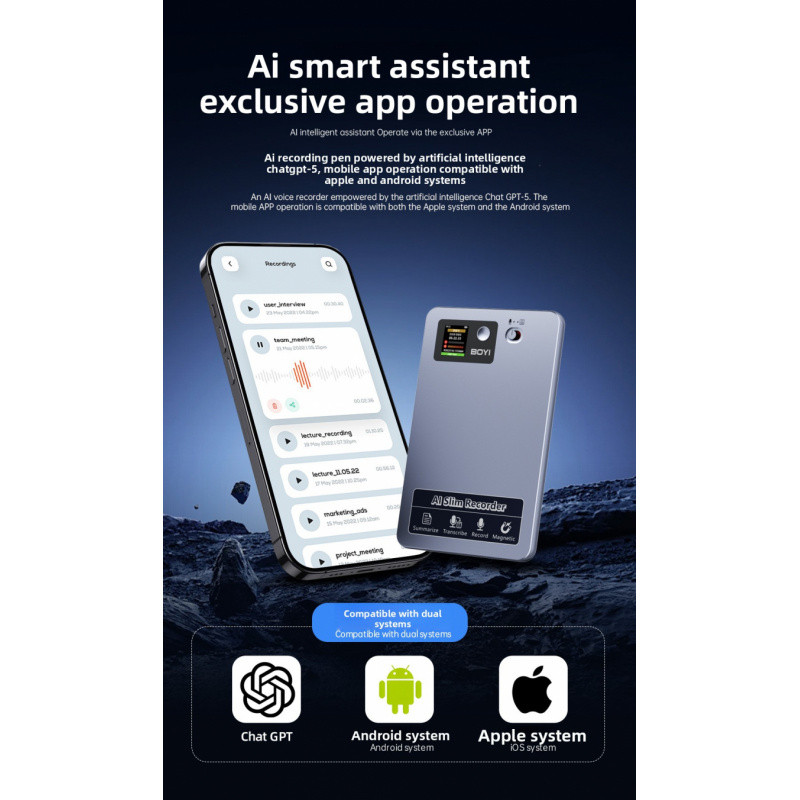 AI voice recorder ultra-thin portable magnetic ChatGPT-5 real-time transcribing and translation multi-language invisible recording device