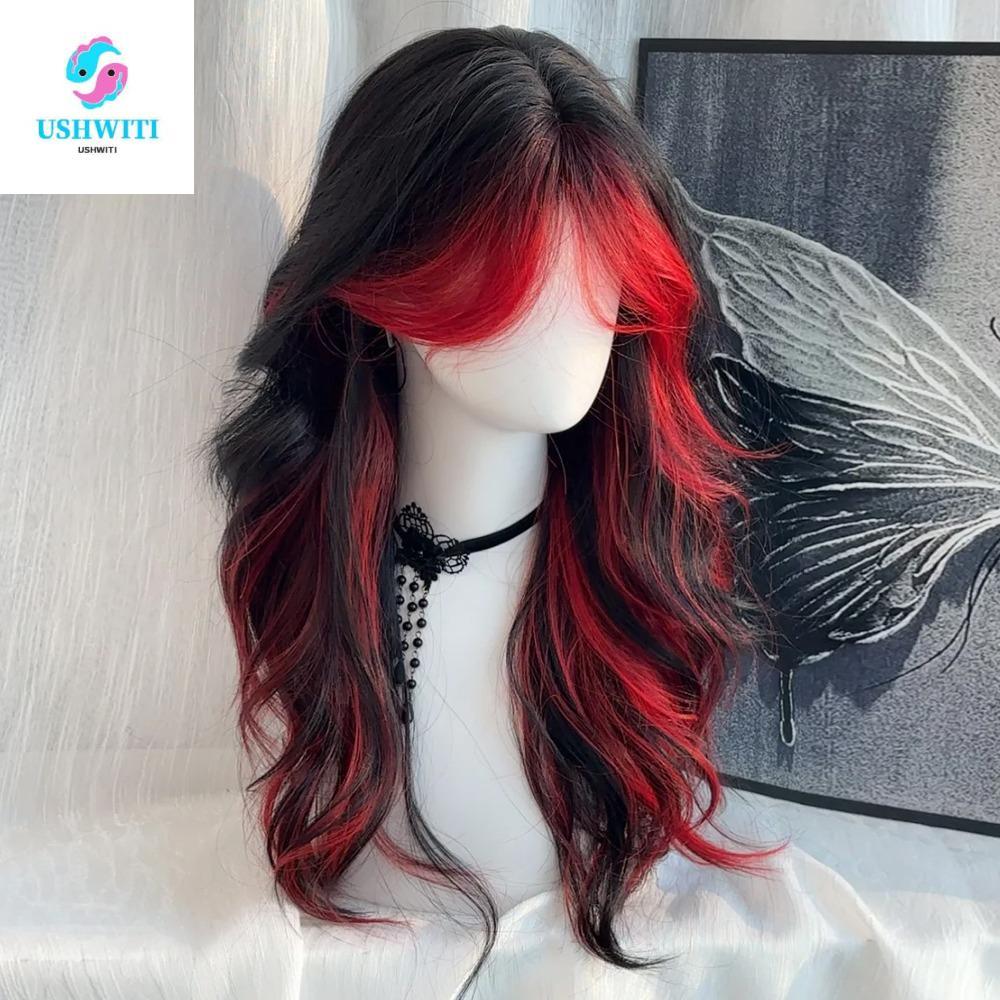 MLINX Black Ombre Red Layered Wig, Gothic Style Middle Part Long Body Wave Wigs, Cute Halloween Curly Full Head Cover Lolita Cosplay Wigs Party