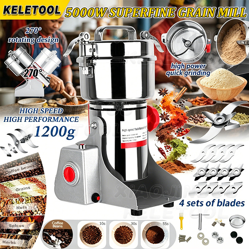 Mesin Pengisar Rempah Serbuk Kisar Cili Kering 1200G Stainless Steel Electric Dry Food Grinder Big Capacity For Spices Nuts Beans 磨粉机