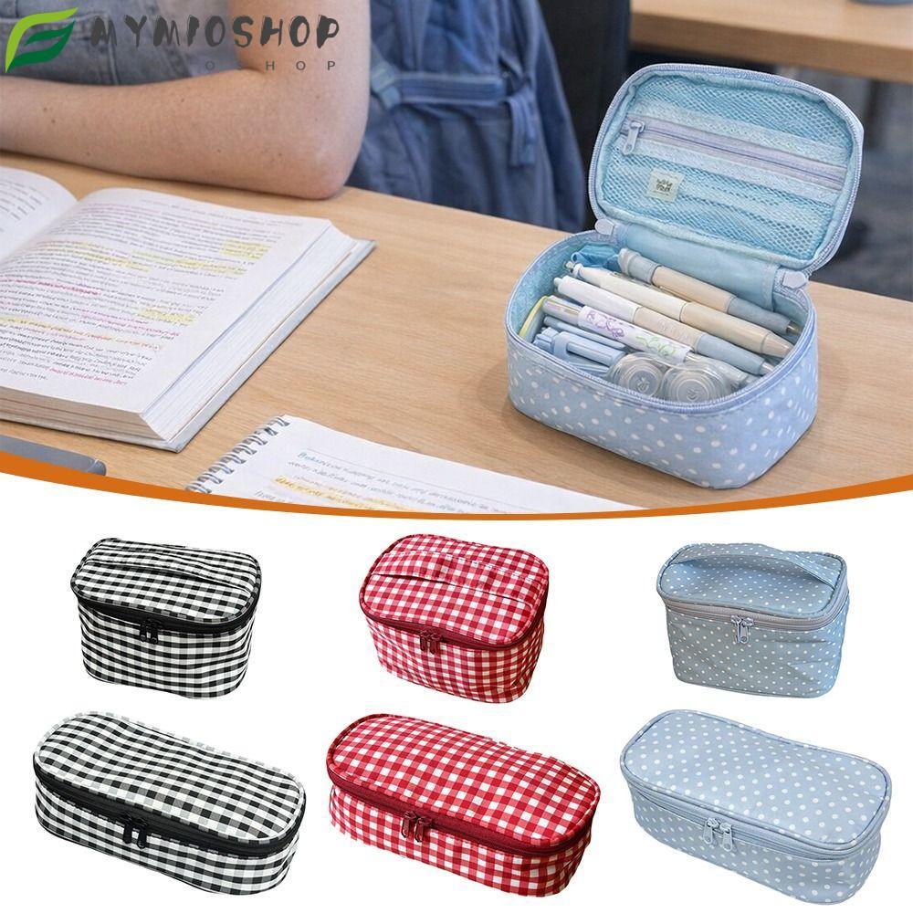 MIOSHOP Storage Bag, Portable Double Zipper Makeup Bag, Plaid/Polka Dot Patterns Large Capacity Pencil