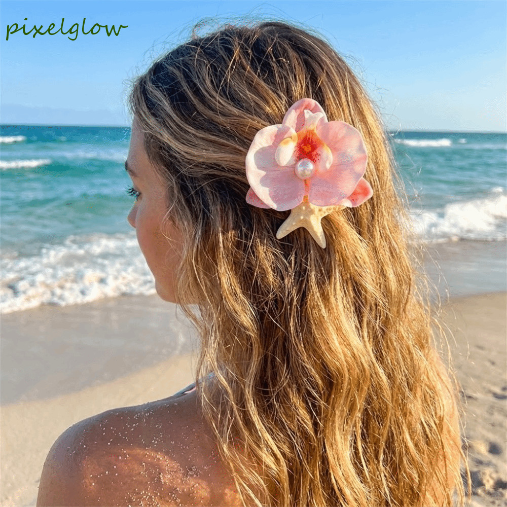 PIXELGLOW Orchid Flower Hairpin, Vintage Trendy Pearl Hair Clip, Beach Handmade Summer Sweet Design Resin Starfish Hair Clip Bohemian Style