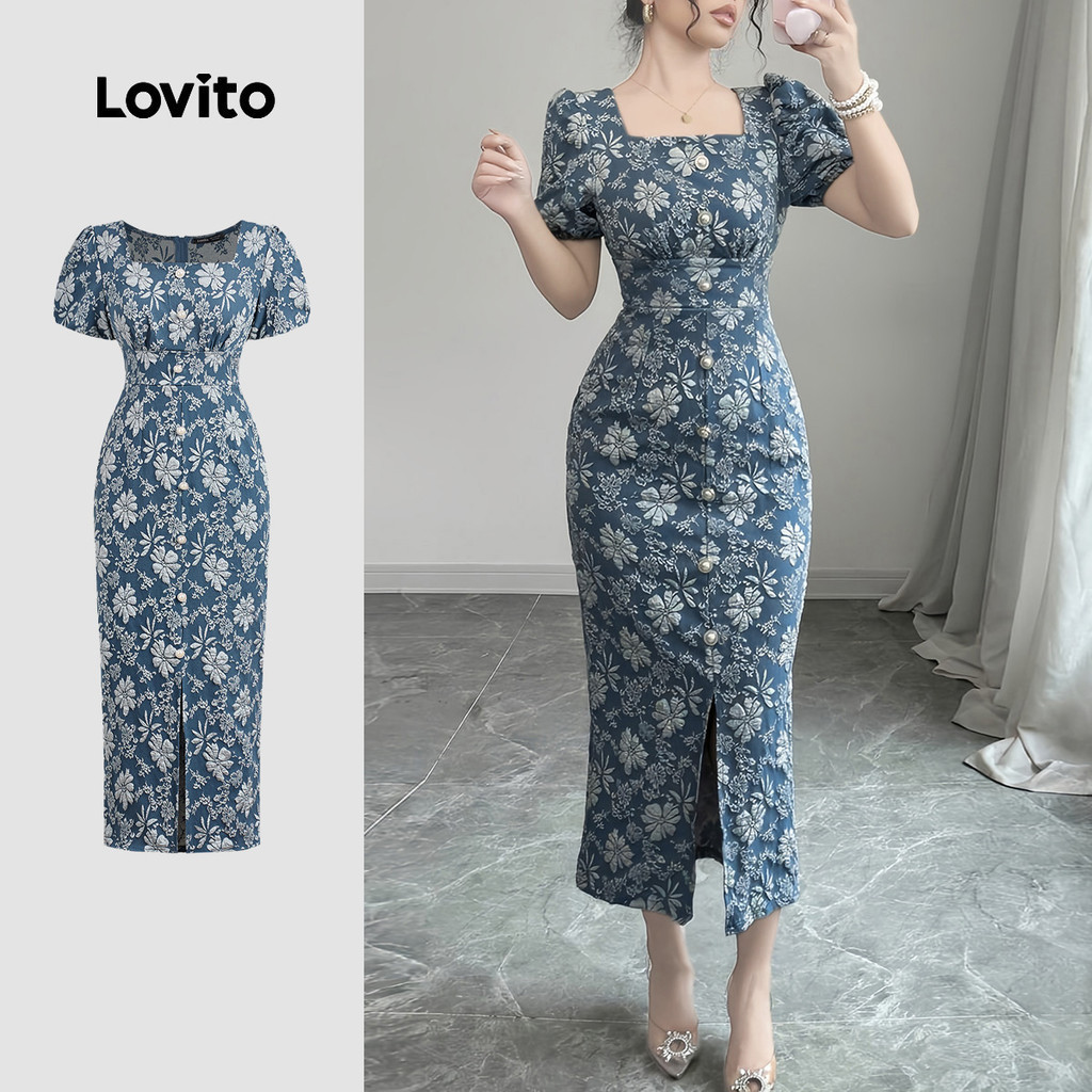 Lovito Casual Dress French Lazy Style Pearls Spring/summer Blue Dress for Women Plus Size Friendly L150AD1621 Lovito Gaun Kasual Gaya Lazy Perancis Gaun Biru Mutiara Musim Bunga/musim Panas Untuk Wanita Mesra Saiz Besar L150AD1621