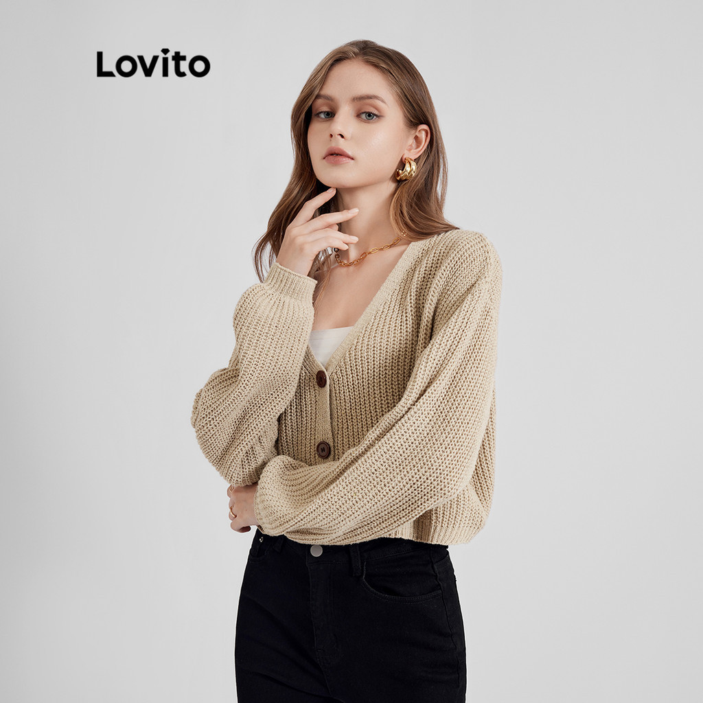 (Trendy) Lovito Casual Cardigans Plain Long Sleeve Button Sweater Knitted Cardigan for Women L21LT091 (Khaki/White)