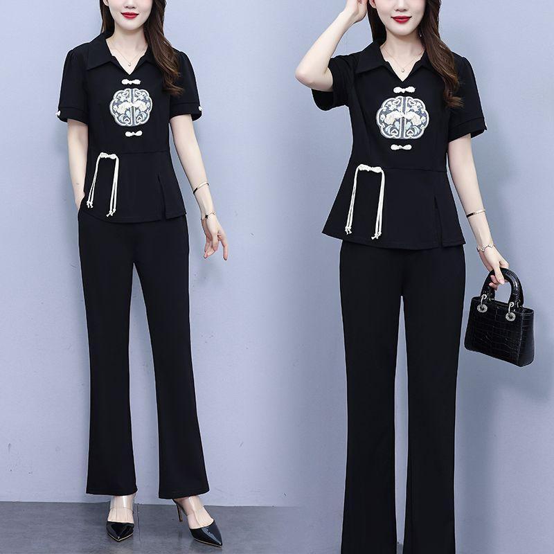Large Size New Chinese Casual Suit Ladies 2026 Summer Chinese Style Embroidery Fashion Slimmer Look Short-Sleeved Trousers Two-Piece Suit 088