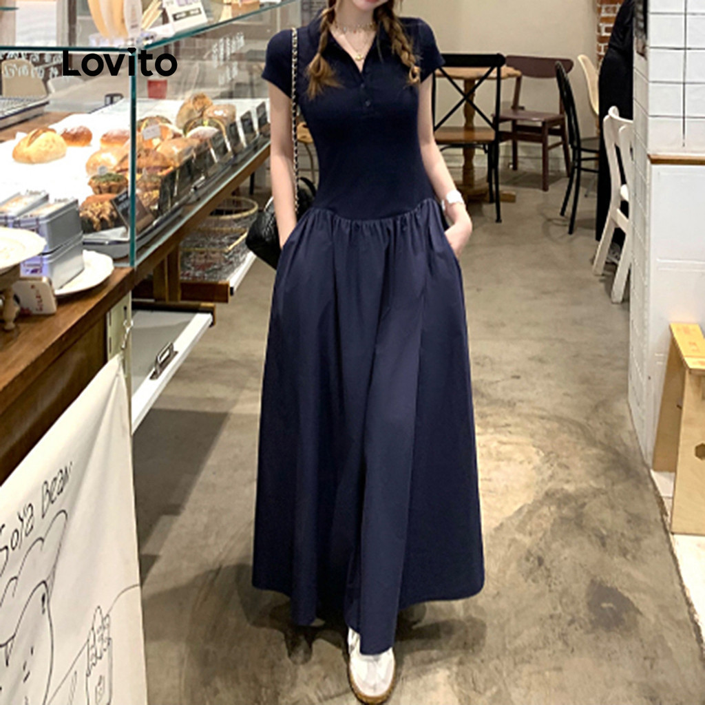 Lovito Casual Dress Fabric Stitching Structure Line Spring/summer Navy Blue Dress for Women Plus Size Friendly L152ED023 Lovito Gaun Kasual Fabrik Jahitan Struktur Garisan Musim Bunga/musim Panas Gaun Biru Laut Untuk Wanita Mesra Saiz Besar L152ED023