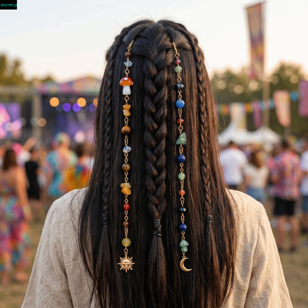 MXMIO 2Pcs Long Tassel Chain Headdress, Bohemian Headwear Exquisite Sun Moon Pendant, Dirty Braids Adjustable Charm Multicolored Stone Bead Hair Additions Women
