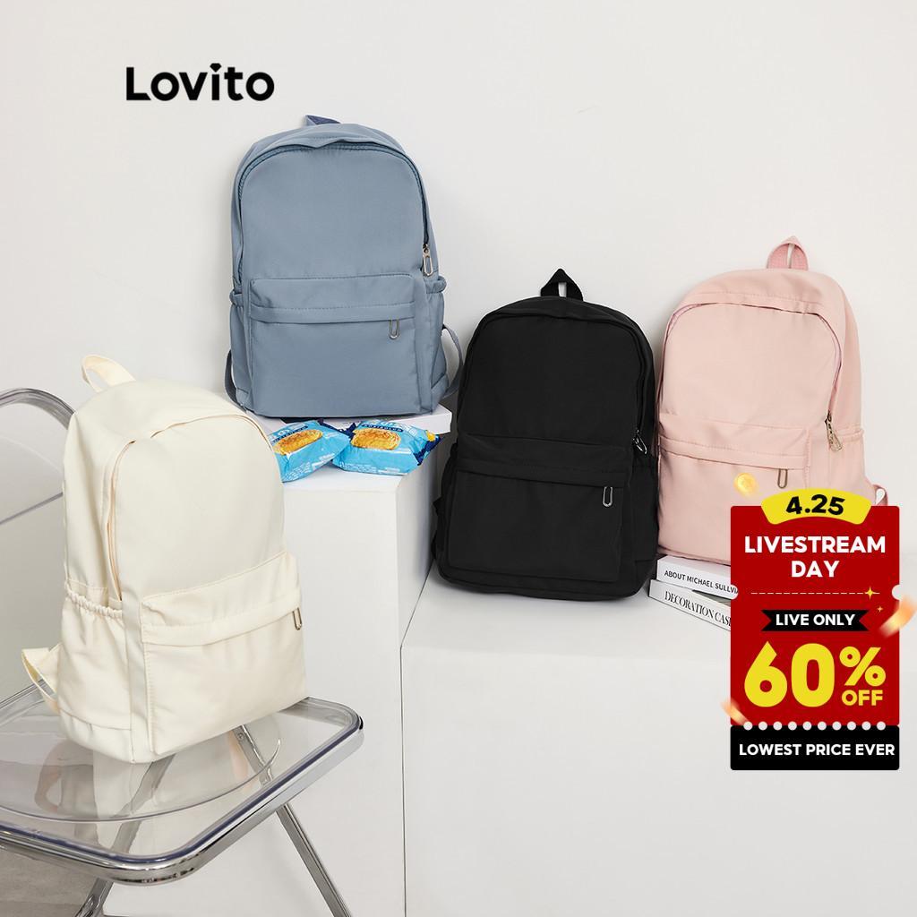 Lovito Preppy Backpack Plain Colorblock Double Shoulder Strap Multi-pocketed Backpacks for Women L41BA05 (White/Pink/Blue/Black)