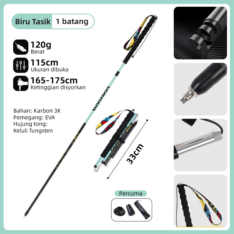 Tongkat Larian Trak Ultra Tongkat Mendaki Karbon Fiber 4 Bahagian Lipat 115g, 32cm Lipatan Muat Dalam Beg, Pemegang EVA Panjang & Hujung Tungsten Anti Licin untuk Merapoh Trail & Hiking Stok Tempatan