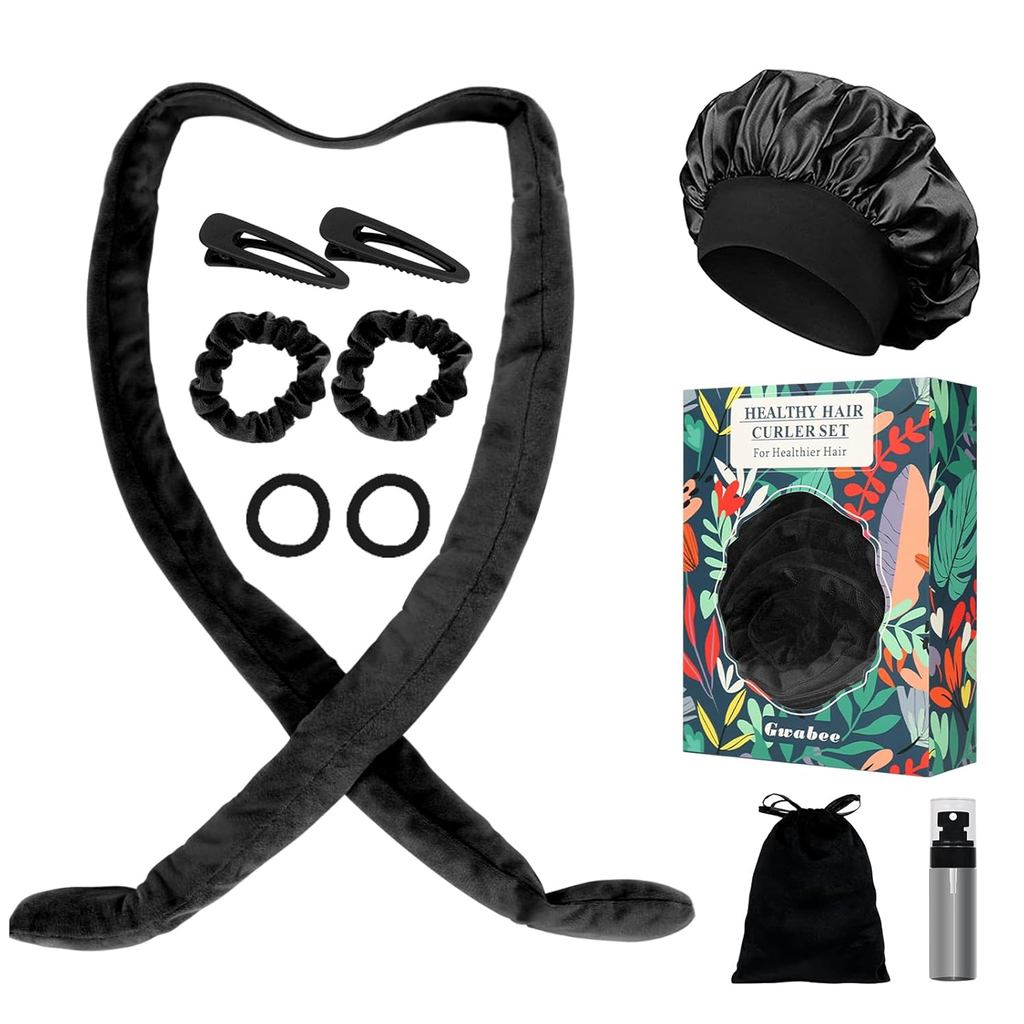 Set Ikat Kepala Tanpa Panas untuk Keriting Malam untuk Wanita dan Gadis - Bonet Satin Lembut dengan Penggulung untuk Keriting Rambut Panjang, 10 PCS Kotak Hadiah - Hitam