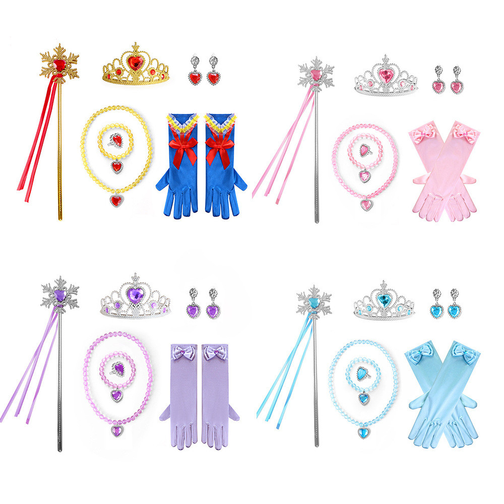 Girls Snow White Jewelry Frozen Headwear Elsa Necklace Bracelet Earrings Ring Gloves Crown Set