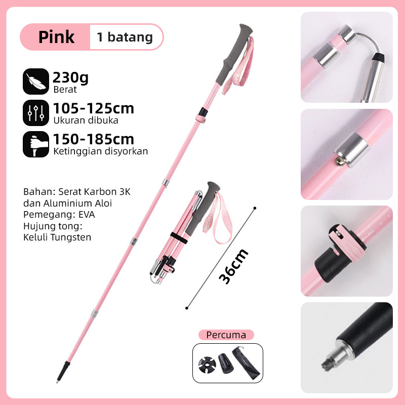 Tongkat trekking aloi aluminium lipat, lima bahagian, ultra-ringan, mudah alih, boleh dilaraskan, sesuai untuk aktiviti luar seperti larian merentas alam dan mendaki, dengan reka