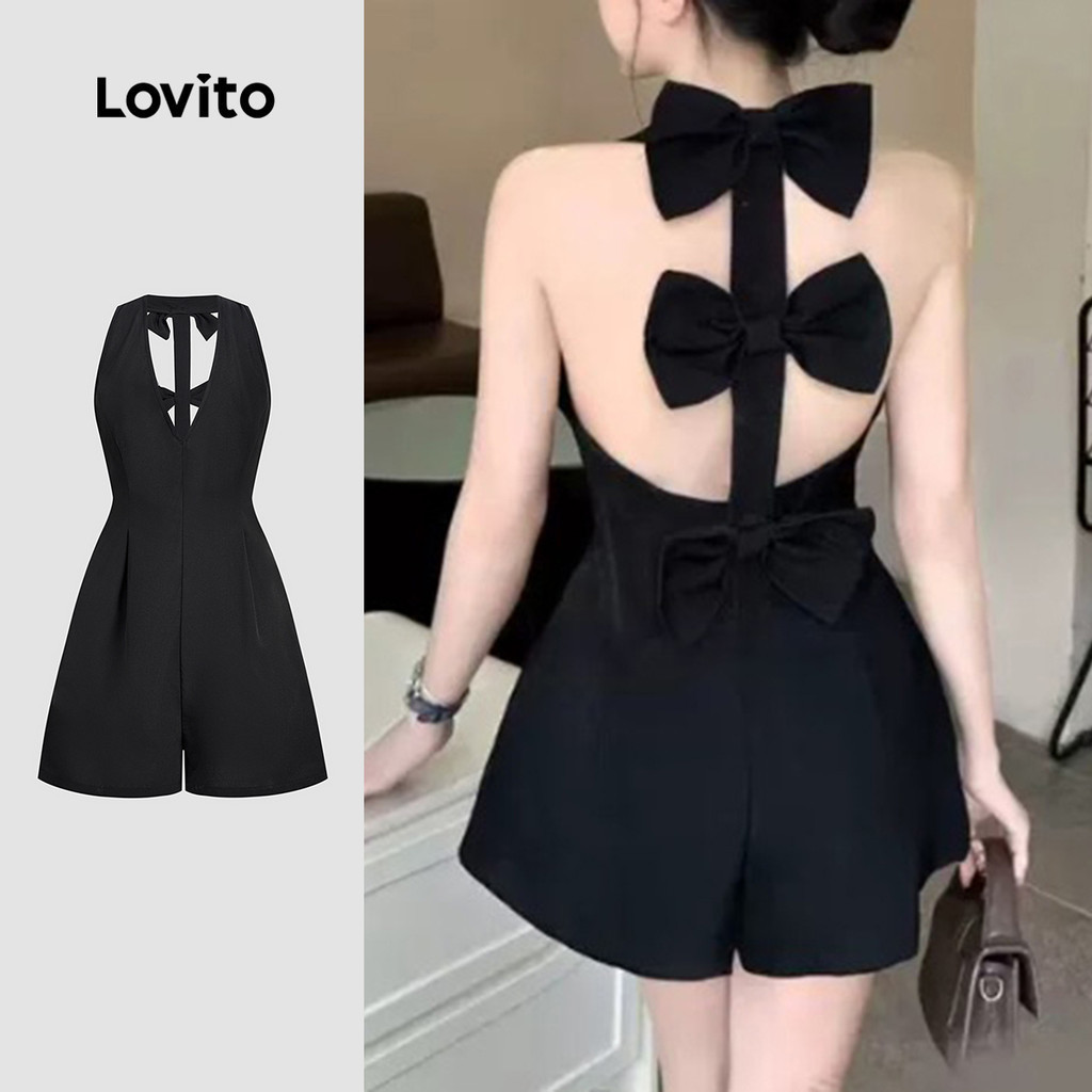Lovito Elegant Jumpsuit Leisure Resort Style Bow Pleated Spring/summer Black Jumpsuit for Women L158ED984 Lovito Elegan Gaya Resort Riadah Berlipat Reben Jumpsuit Hitam Musim Bunga/musim Panas Untuk Wanita L158ED984