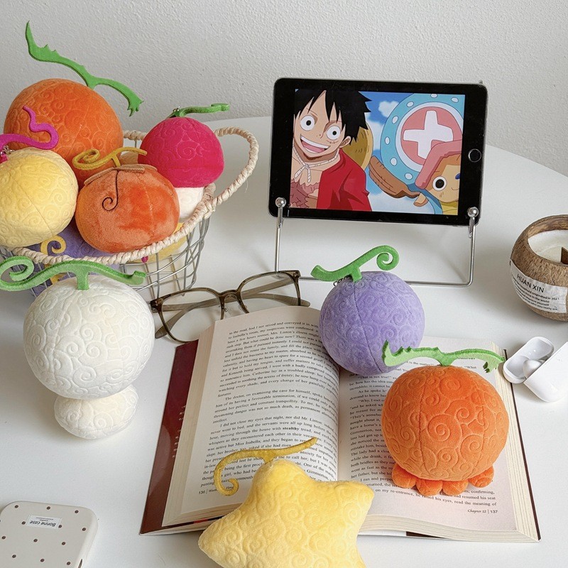 Anime ONE PIECE Devil Fruit Plush Keychain, Gum-Gum Fruit, Human-Human Fruit, Bomb-Bomb Fruit, Float-Float Fruit, Yomi-Yomi Fruit, Luffy/R Law/Ace Cosplay Pendant with Wanted Tag