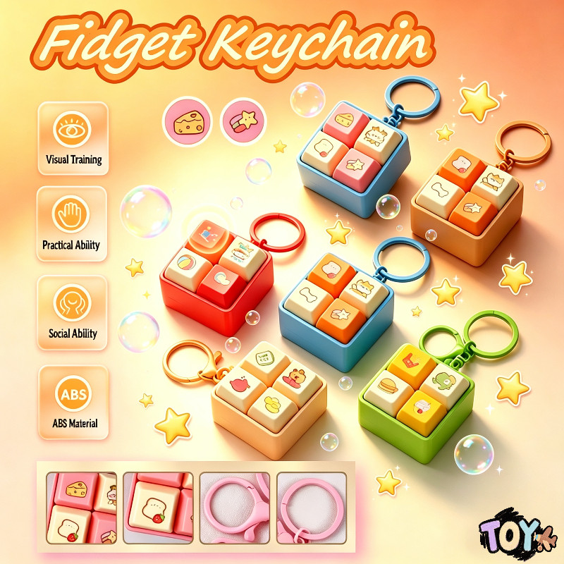 Fidget Keychain Cartoon Keyboard Caps DIY Keyboard Relief Stress Clicker Toy for Adults and Kids