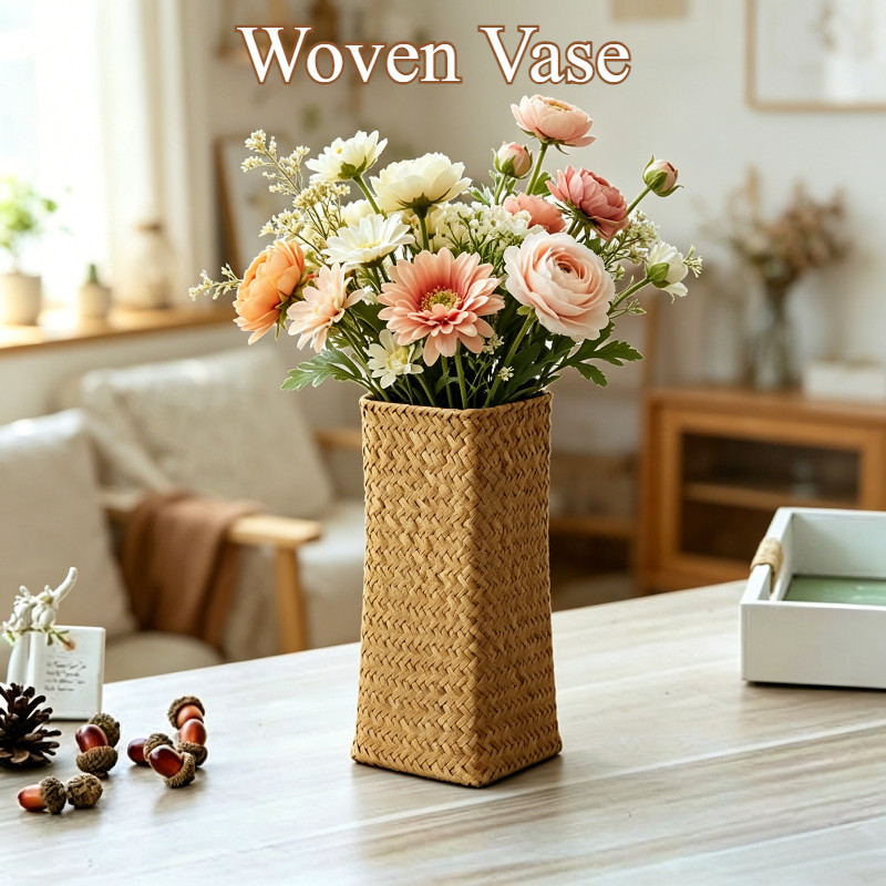 Handcrafted Natural Woven Rattan Vase Bamboo Weave Basket Home Decoration Flower Pot Natural 编织花瓶