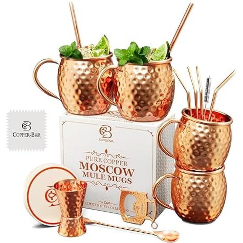 COPPER-BAR Moscow Mule Copper Mugs - Unique HANDCRAFTED Gift Set of 2, Hammered by Artisan, 100% Pure Solid Copper Cups 16oz for Drinking Water & Cocktails, Include 13 Pcs acce