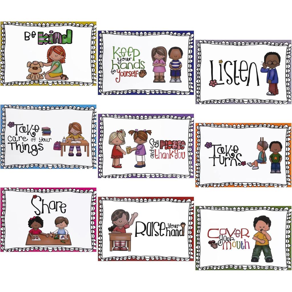 Alpurple 9 Keping Poster Peraturan Bilik Darjah A4, Poster Peraturan Kelas Prasekolah, Poster Pendidikan Peraturan Kelakuan Bilik Darjah, Carta Tabiat dan Tata Krama Baik untuk Prasekolah dan Sekolah Rendah