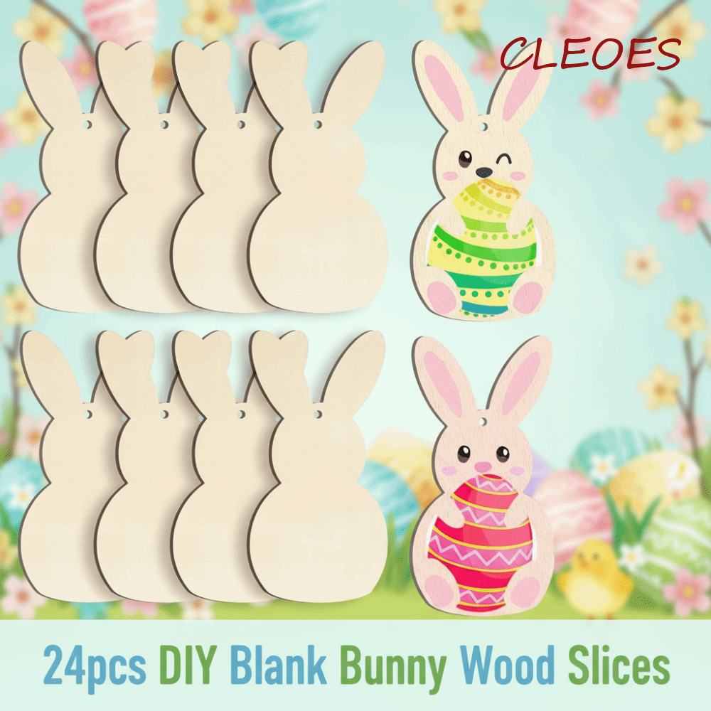 CLEOES 24pcs/set Easter Bunny Wood Card, DIY Color Painting Toy Easter Rabbit Craft, Easter Cutouts Unfinished Decorative Wooden Blank Bunny Wood Slices Hanging Ornament