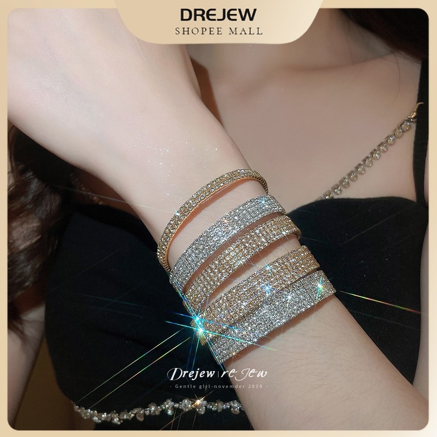 DREJEW Women's Gold Silver Tone Full Zircon Multi-layer Stackable Open Wide Bangle - Luxury Glam Slim Wrist Party Daily Fashion Jewelry