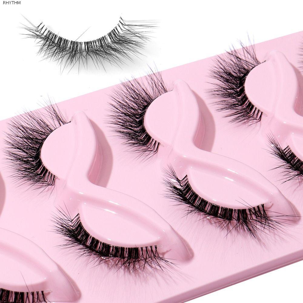 RHYTHM 5 Pair Cat Eye Fake Lashes, Eye Tail Lengthening 3D L Curl False Eyelashes, Reusable Full Strip Clear Stem Wispy Faux Mink Lashes Women