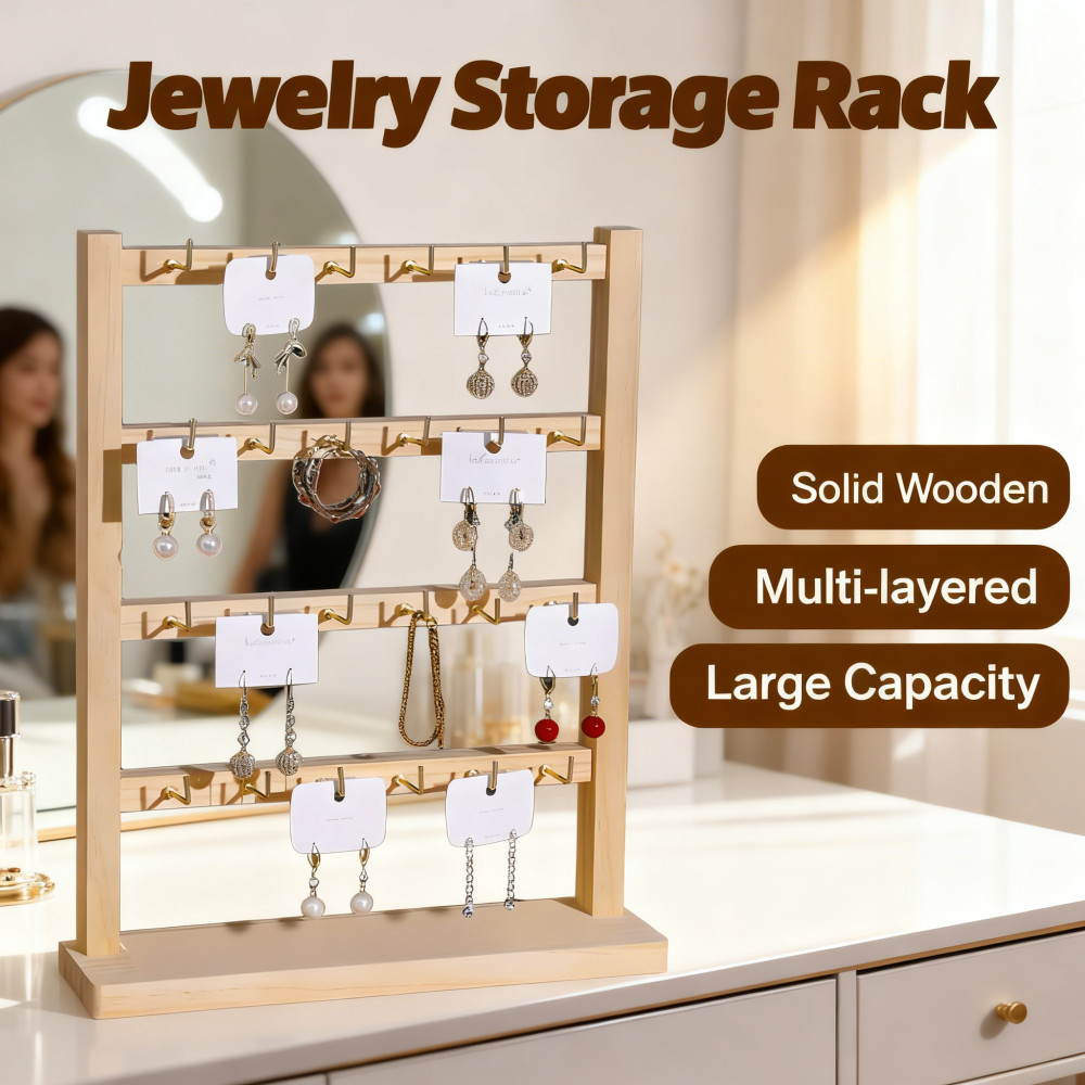 Rack Jewelry Wooden Earrings Hooks Bracelets Stand Storage Necklaces Display Easel with 4 Layers