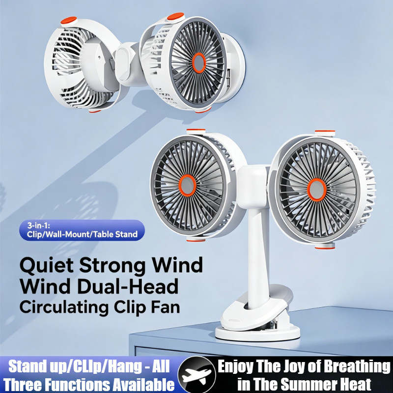 3-in-1 Dual Head Clip Fan Wall Mounted Tabletop Desk Fan USB Rechargeable Multifunctional Dual-Head Electric Fan Car