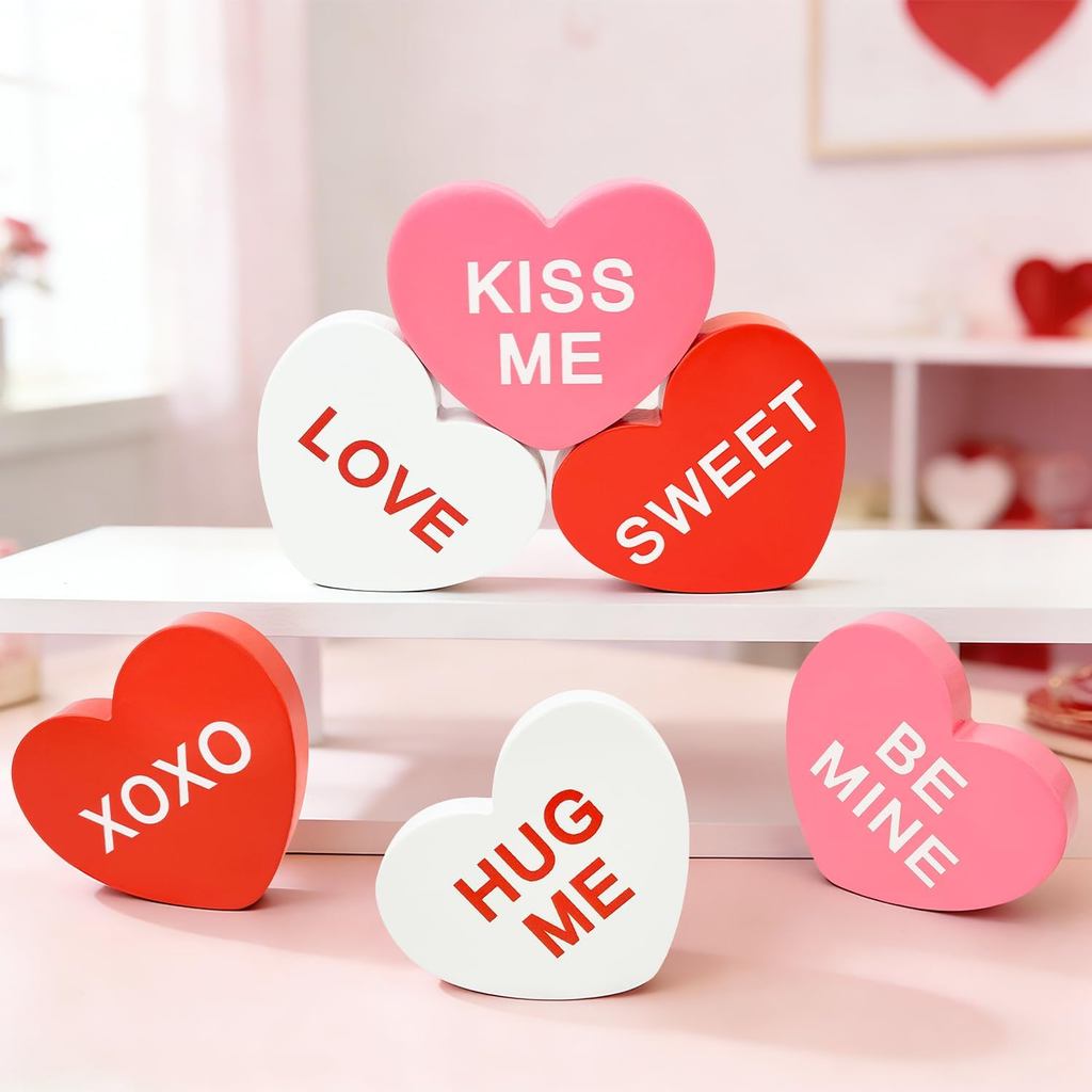 Hiasan Hari Valentine 6 PCS, Hiasan Hati Kayu Bertuliskan Kata-Kata untuk Meja Rumah, Hiasan Tengah Meja Berbentuk Hati Warna Merah Putih Merah Jambu untuk Ruang Dalaman Pejabat, Hiasan untuk Rak Bertingkat dan Perapian, Hadiah Valentine