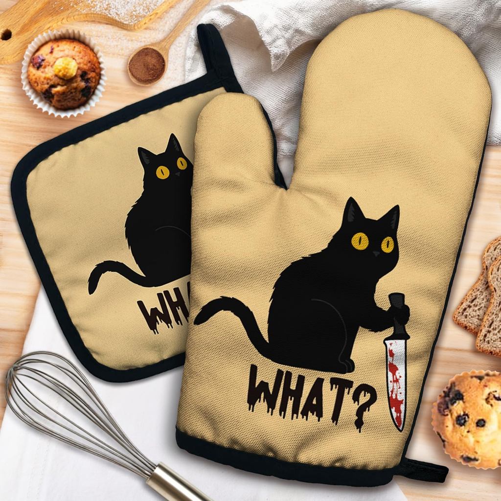 ZHANTUONE Set Sarung Tangan Tahan Panas dan Pemegang Periuk yang Lucu dengan Silikon Anti-Gelincir, Kata-kata Sarkastik Kucing yang Melucukan untuk Memasak dan Membakar, Hadiah untuk Ibu, Isteri, Adik, Teman Lelaki yang Suka Kucing