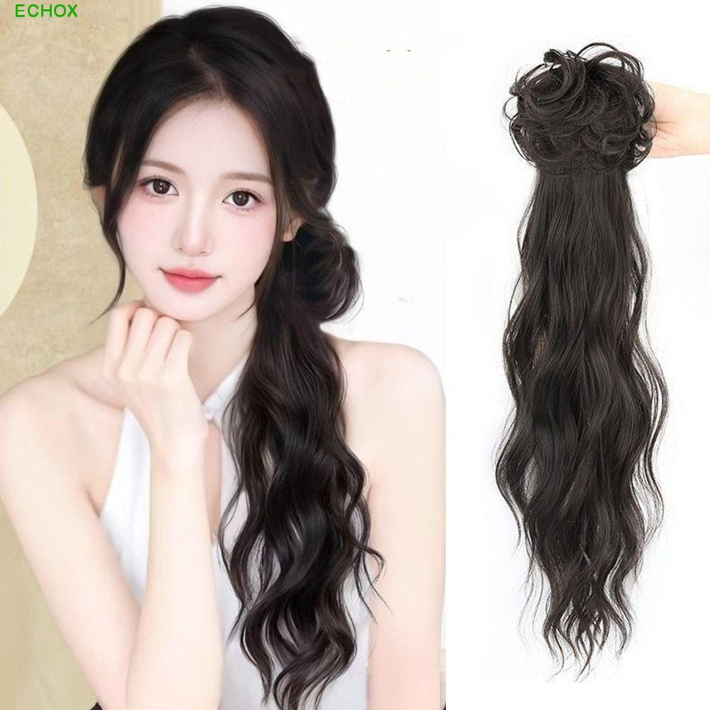 ECHOX New Chinese Style Wig, Ancient Style Low Ponytail Claw Clip Ponytail Wig, Hair Accessories Fluffy Natural Cheongsam Long Curly Ponytail for Women