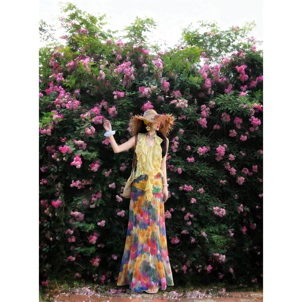 baju pantai wanita dress pantai Tyrande Seaside Holiday Suit dopamin wanita mengacak-acak halter suspender suspender skirt dua helai