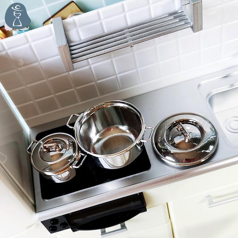[PANDAB] 1/12 Dollhouse Miniature Imitated stainless steel casserole Kitchen Cookware JOO