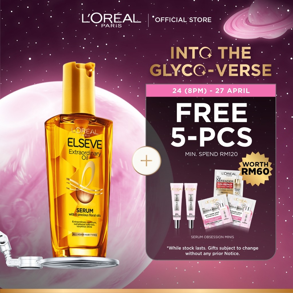 L’Oréal Paris ELSEVE Extraordinary Oil Gold 4x Shine Smoothen Hair Serum Hair Treatment 100ml for All Hair Types
