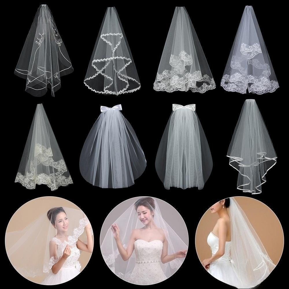 BlessU Bridal veil wedding accessories elegant veil wedding with comb  New Two layer white ivory short simple photo veil lace edge Women's Tulle