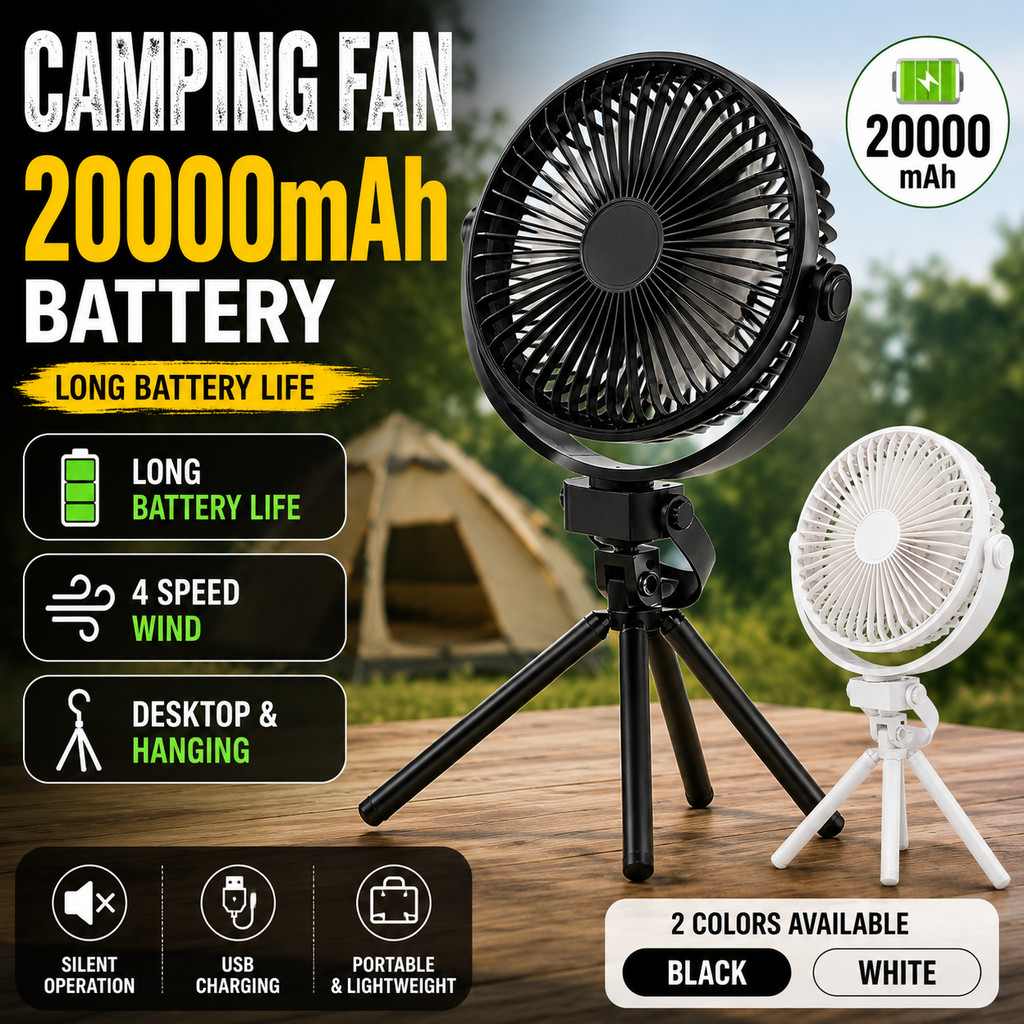 Kipas Camping 20000mAh Portable Rechargeable USB Fan Kipas Outdoor Gantung Tripod Khemah Camping