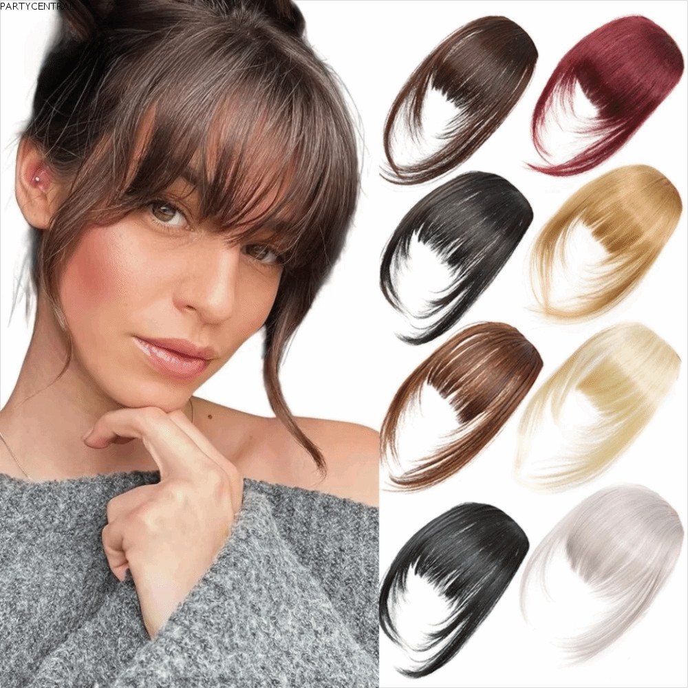 PARTYCENTRAL Synthetic Hair Clip-In Bangs, Natural Look Dark Brown Cut Wispy Fringe with Sideburns, Hairpiece False Fringe Hair Extension Straight Blunt Bangs Daily Party Wear