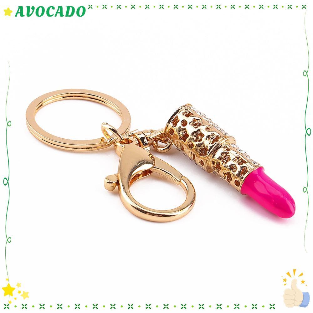 AVOCADD Lipstick Keyring, Rhinestone Decoration Pink Rhinestone Keychain, Key Chain Lipstick Elegant Makeup Keyring Car Key Decoration