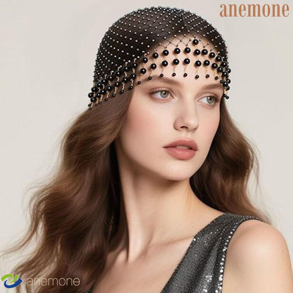 ANEMONE Pearl Tassel Hair Hat, Fishnet Mesh Hollow Out Handmade Pearl Hat, Exquisite Pearl Tassels Elegant Beanies Pearl Weave Hat Bridal Headpiece